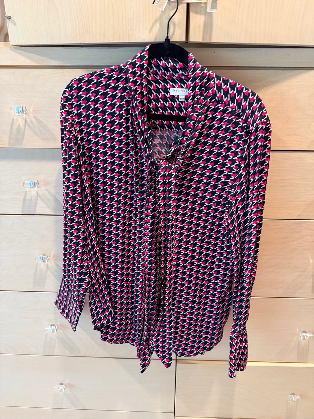 Equipment Pink and Black Houndstooth tie blouse